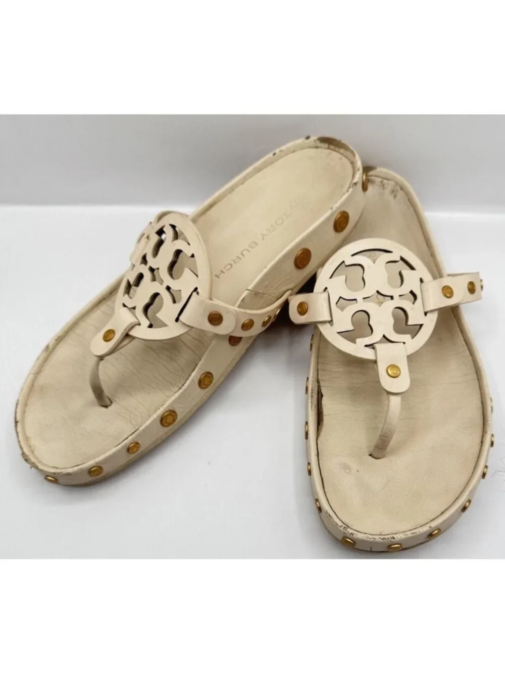 Tory Burch Womens Miller Cloud Coin Thong Sandal Double T Logo New Cream Sz 8